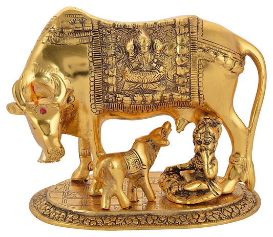 BIG Size 6.5 inches kamdhenu Cow Metal Cow and Calf Statue with Laddu Gopal Ji- Best for Pooja, Decor and Gifting
