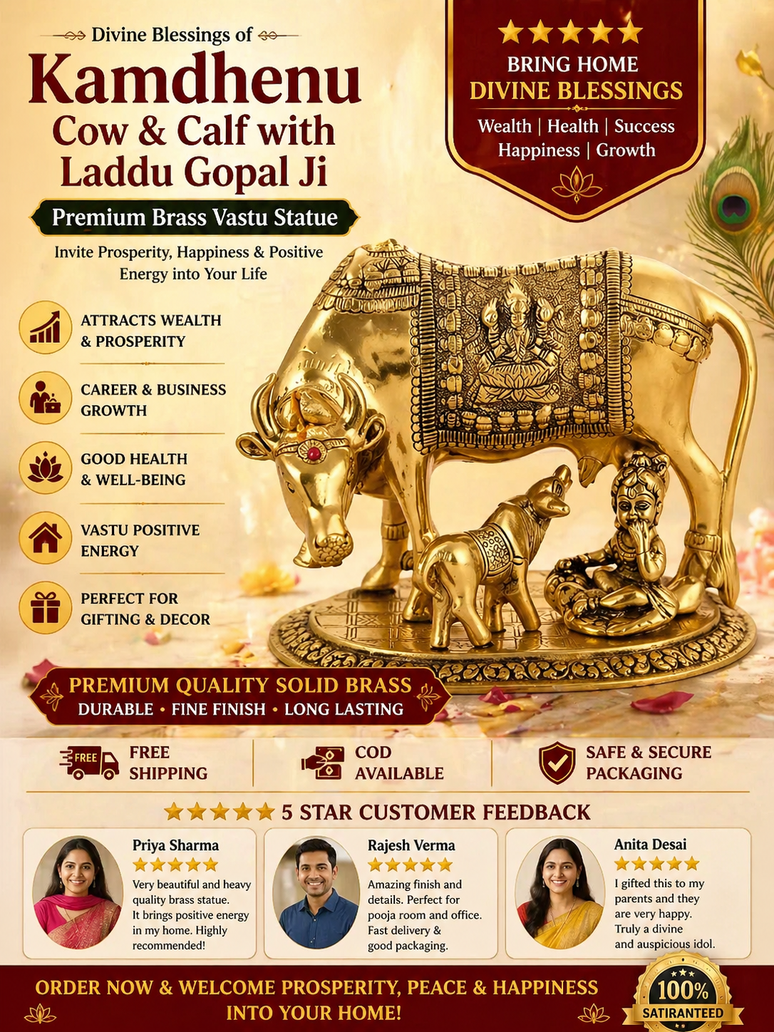 Premium Brass Kamdhenu Cow & Calf with Laddu Gopal Idol | Big Size Vastu Statue for Home, Office, Pooja & Wealth Blessings | Auspicious Decor Gift