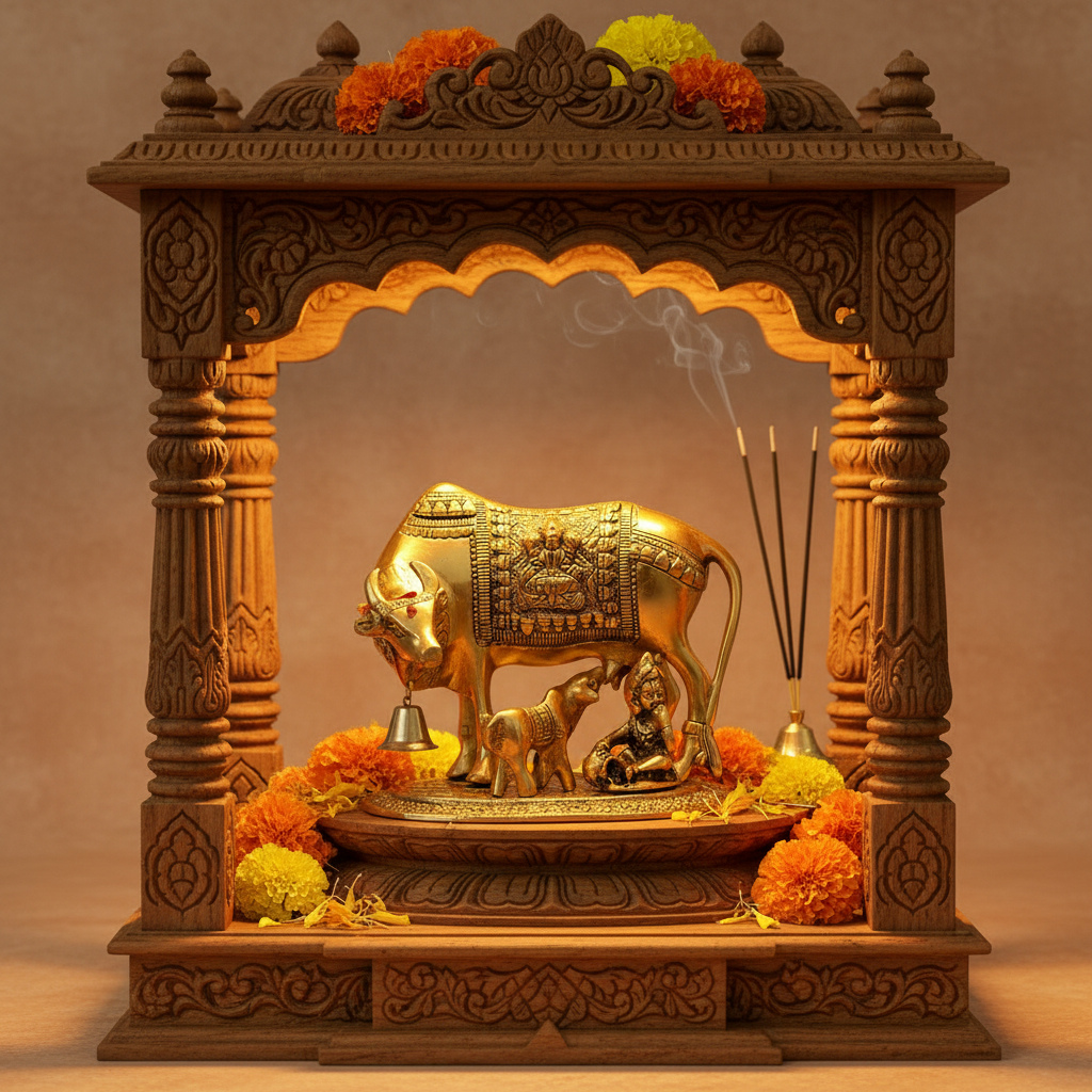 BIG SIZE Metal Kamdhenu Cow with Calf Brass Idol