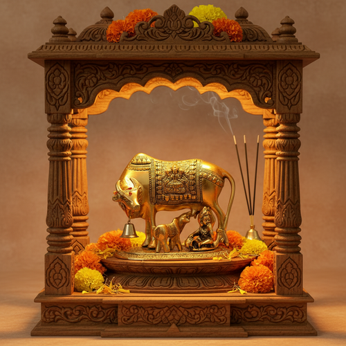 BIG SIZE Metal Kamdhenu Cow with Calf Brass Idol