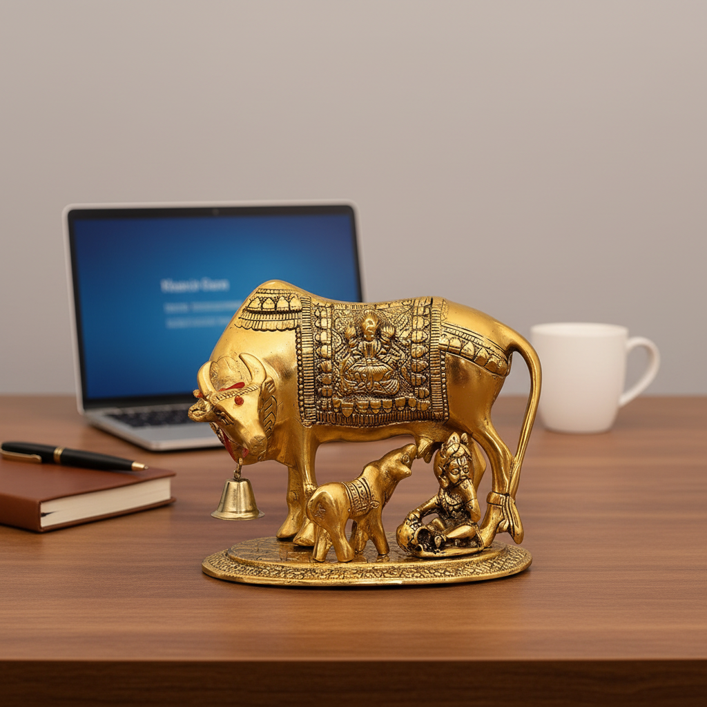 BIG SIZE Metal Kamdhenu Cow with Calf Brass Idol