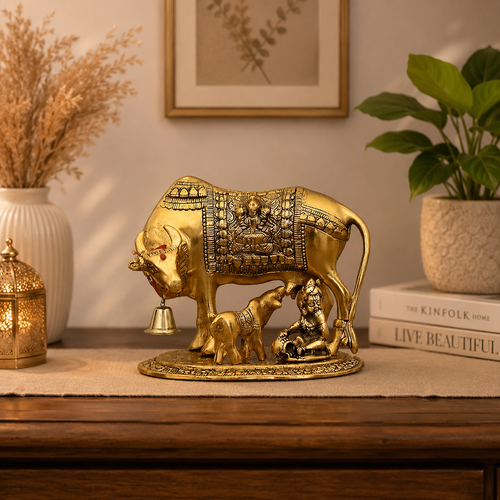 Big Size 16 Cm Kamdhenu Cow with Calf Brass Idol – Blessings of Prosperity, Wealth & Positivity