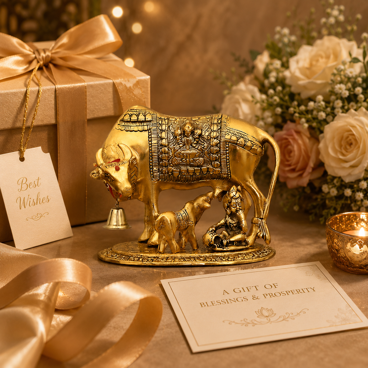 Kamdhenu Cow with Calf Brass Idol – Blessings of Prosperity, Wealth & Positivity