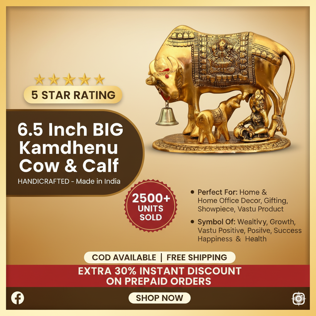 BIG Size 6.5 inches kamdhenu Cow Metal Cow and Calf Statue with Laddu Gopal Ji- Best for Pooja, Decor and Gifting