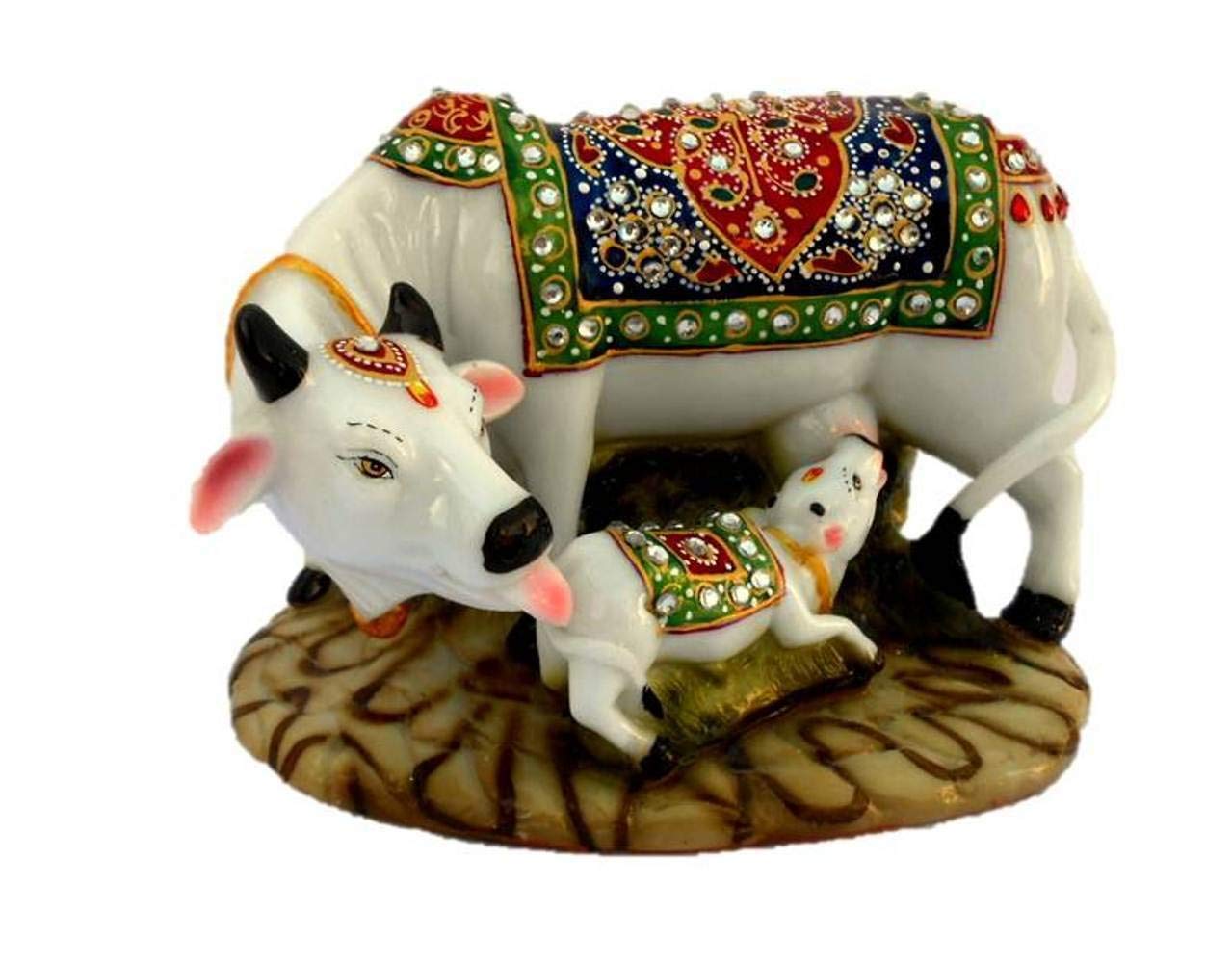 Cow Statue- Polyresin Decorative Marble Kamdhenu Cow and Calf Big Handcrafted Statue, 6-inch, Multicolour.