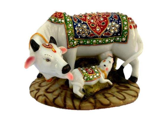 Cow Statue- Polyresin Decorative Marble Kamdhenu Cow and Calf Big Handcrafted Statue, 6-inch, Multicolour.