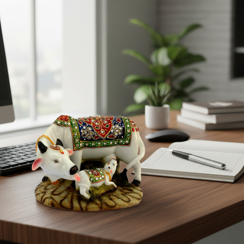 Cow Statue- Polyresin Decorative Marble Kamdhenu Cow and Calf Big Handcrafted Statue, 6-inch, Multicolour.