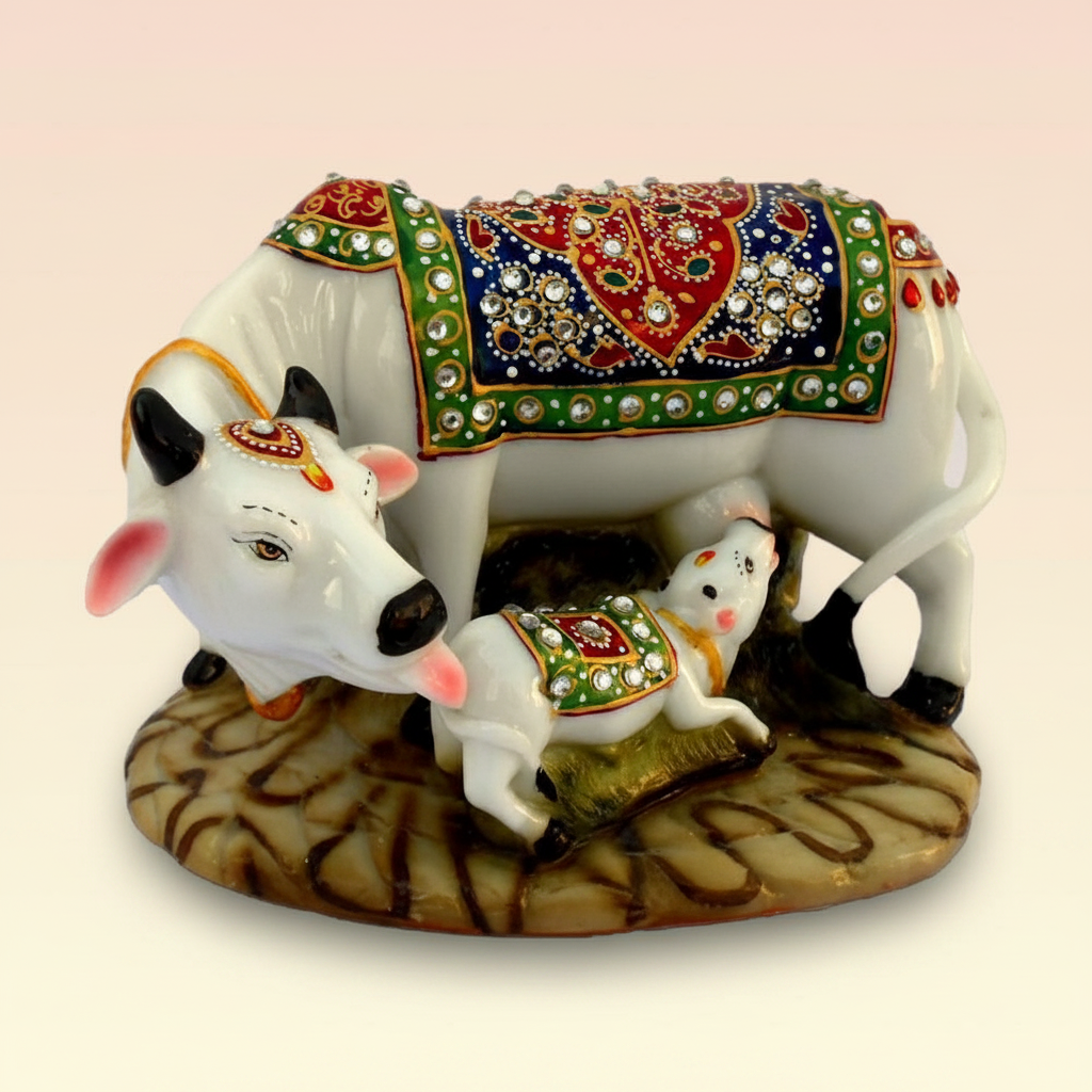 Cow Statue- Polyresin Decorative Marble Kamdhenu Cow and Calf Big Handcrafted Statue, 6-inch, Multicolour.