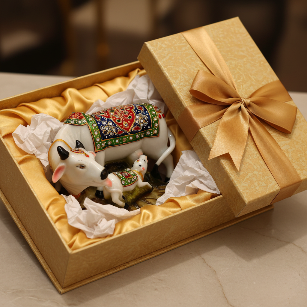 Cow Statue- Polyresin Decorative Marble Kamdhenu Cow and Calf Big Handcrafted Statue, 6-inch, Multicolour.