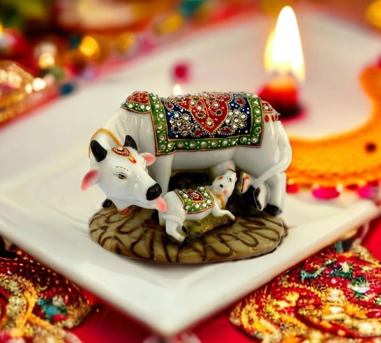 Cow Statue- Polyresin Decorative Marble Kamdhenu Cow and Calf Big Handcrafted Statue, 6-inch, Multicolour.