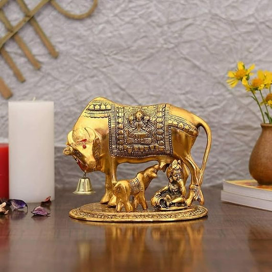 BIG Size 6.5 inches kamdhenu Cow Metal Cow and Calf Statue with Laddu Gopal Ji- Best for Pooja, Decor and Gifting