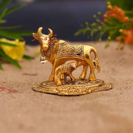 Brass Metal kamdhenu Cow and Calf Statue - Best for Pooja, Decor and Gifting