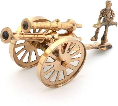 Brass canon with man showpiece statue, 10 inches size