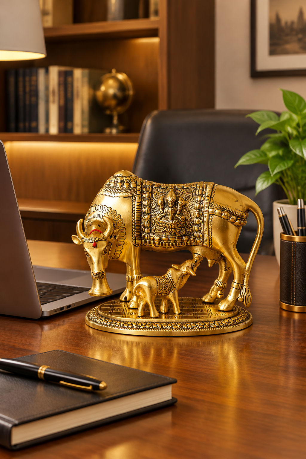 Metal Kamdhenu Cow with Calf Brass Statue Idol