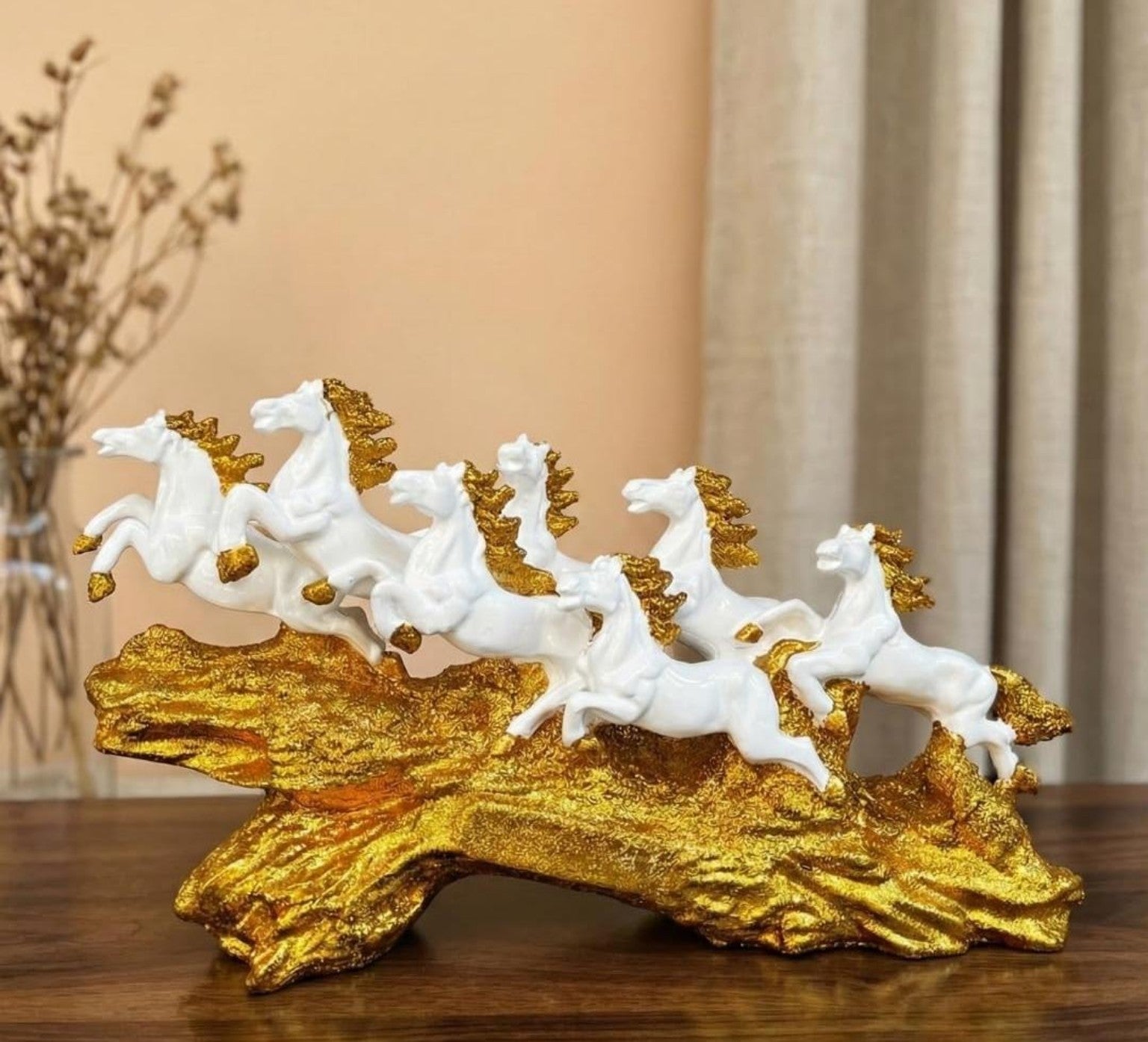 7 Running Horses Statue for Home Decor & Vastu | White & Gold Lucky Horse Showpiece | Premium Table Decor Gift