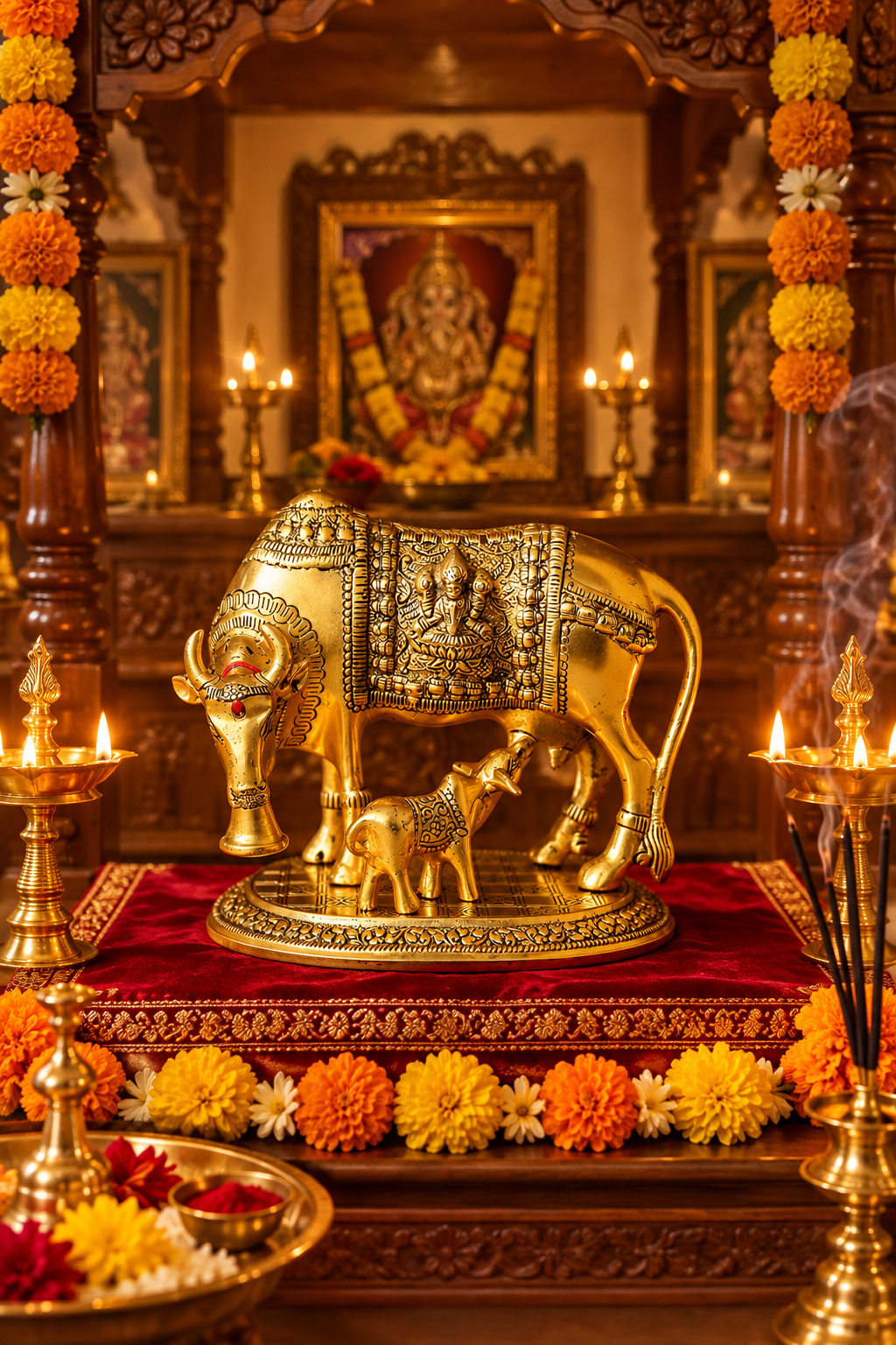 Metal Kamdhenu Cow with Calf Brass Statue Idol