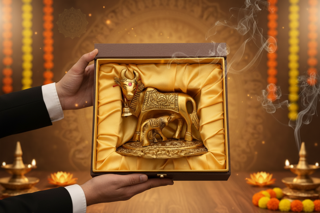 Metal Kamdhenu Cow with Calf Brass Idol  - 4 inch
