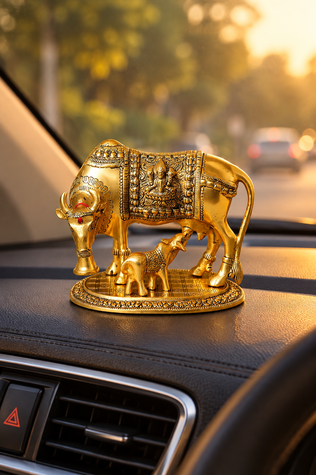 Metal Kamdhenu Cow with Calf Brass Statue Idol