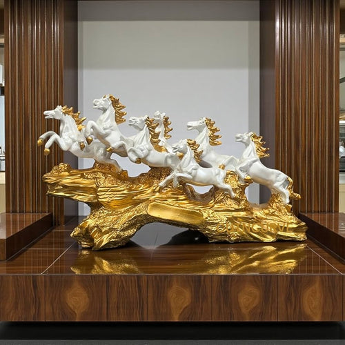 7 Running Horses Statue for Home Decor & Vastu | White & Gold Lucky Horse Showpiece | Premium Table Decor Gift