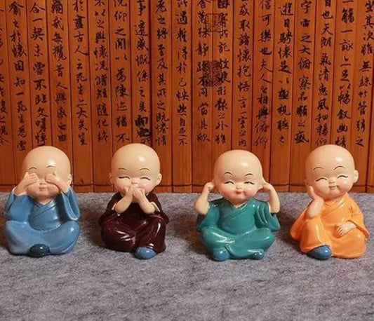 4 Little Monk Statue Set – See No Evil, Hear No Evil, Speak No Evil (Cute Home Decor)