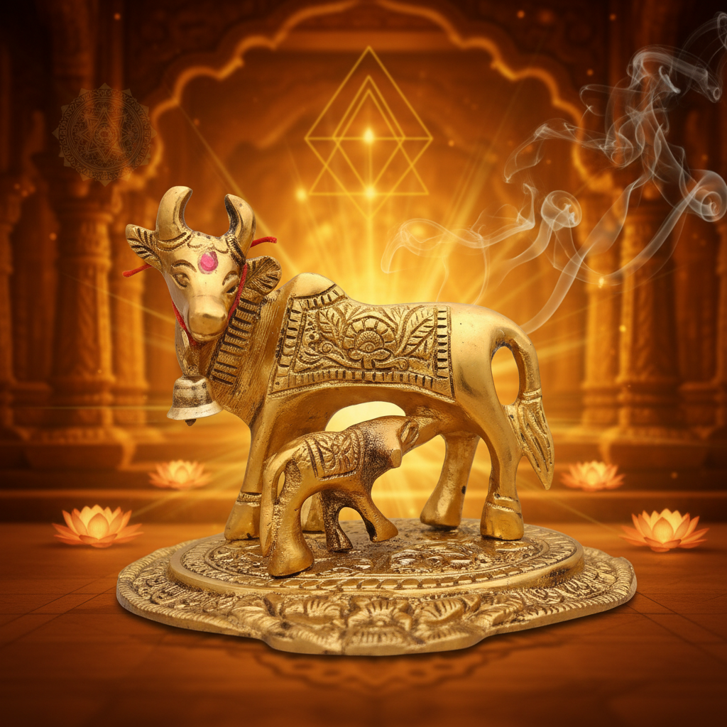 Metal Kamdhenu Cow with Calf Brass Idol  - 4 inch
