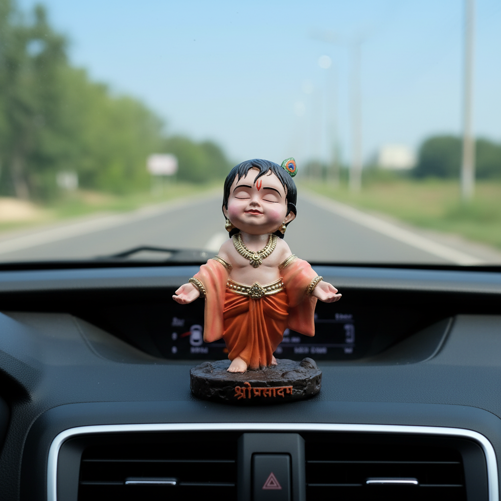 Cute Bal Krishna (Baba) Idol – Premium Resin Statue for Car Dashboard, Home Decor & Gifting