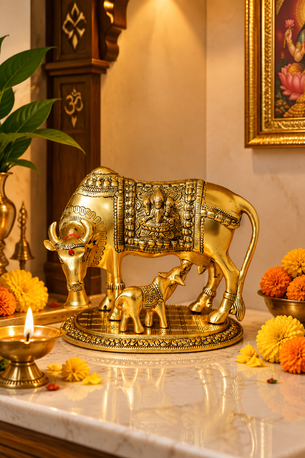 Metal Kamdhenu Cow with Calf Brass Statue Idol