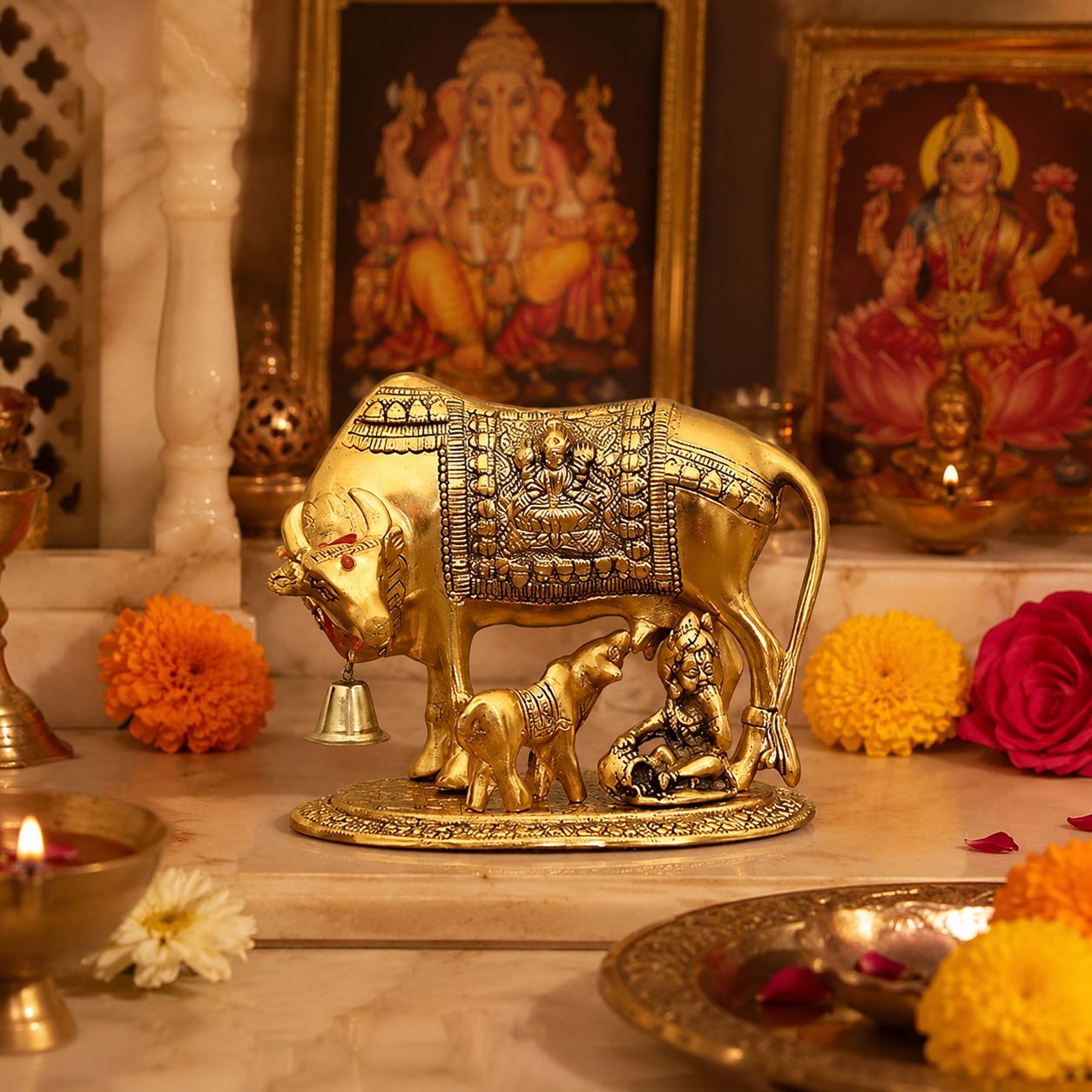BIG SIZE Metal Kamdhenu Cow with Calf Brass Idol