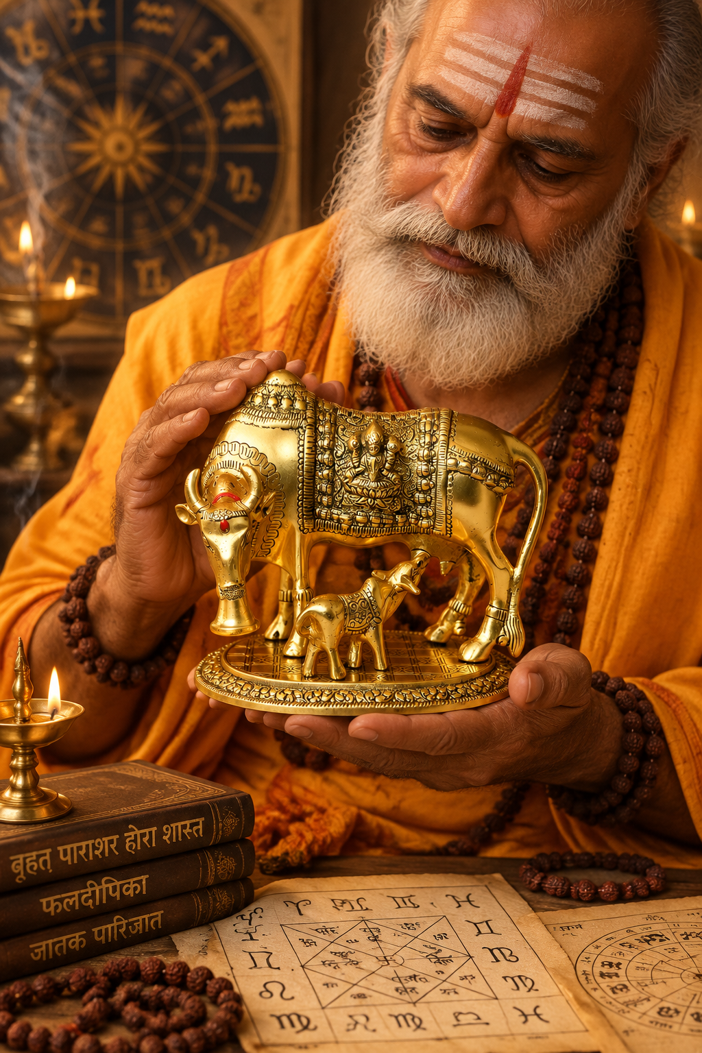 Metal Kamdhenu Cow with Calf Brass Statue Idol