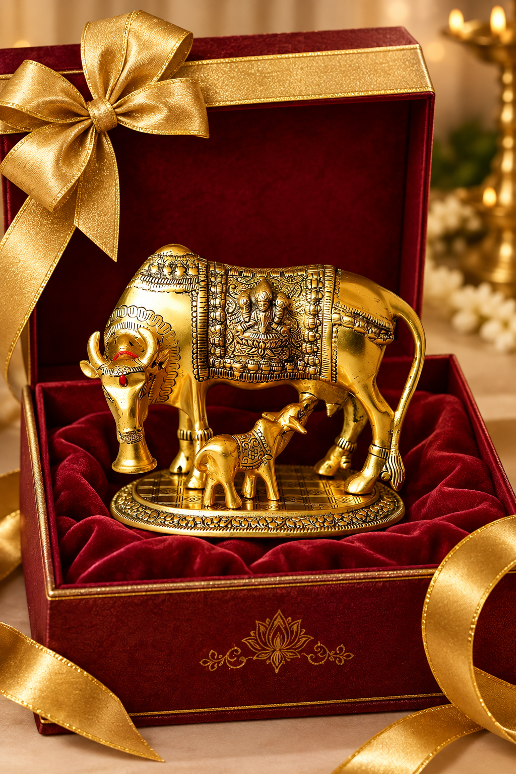 Metal Kamdhenu Cow with Calf Brass Statue Idol