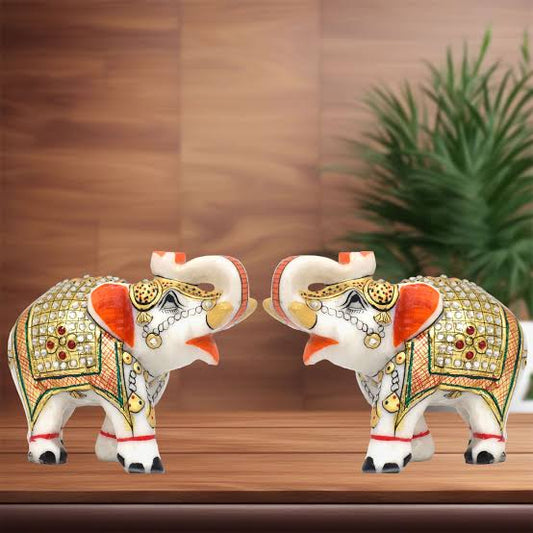 Marble stone elephant pair, set of 2 elephant with meenakari work, 3.5 inches each