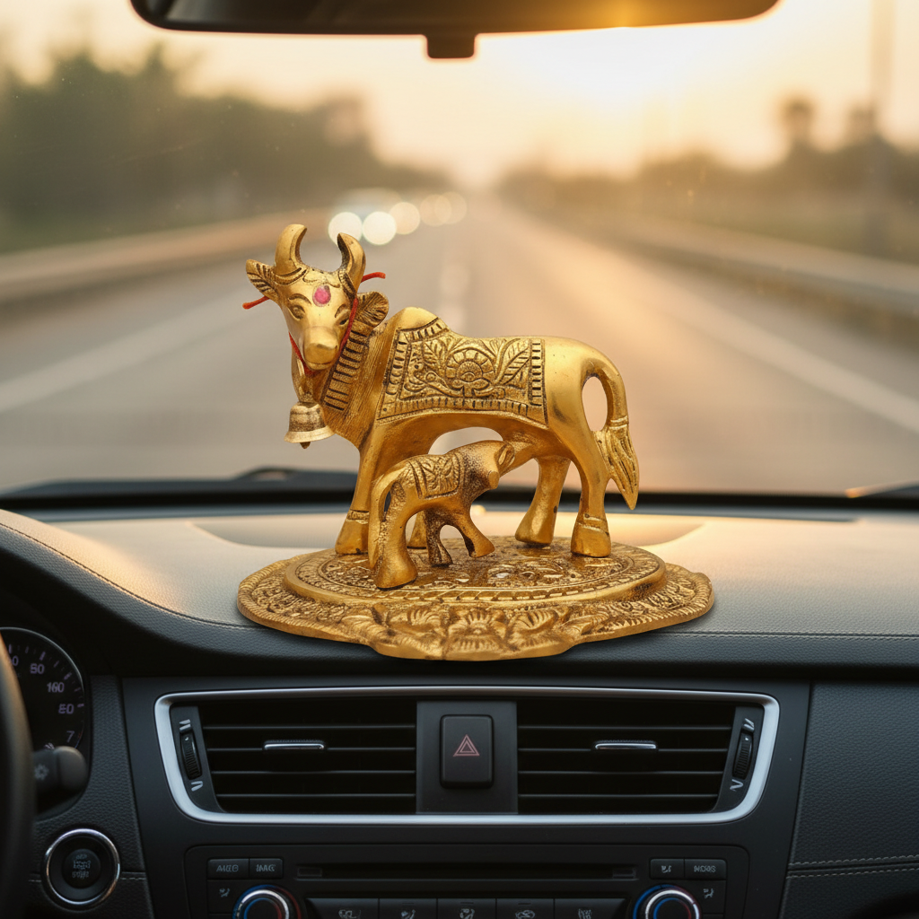 Metal Kamdhenu Cow with Calf Brass Idol  - 4 inch